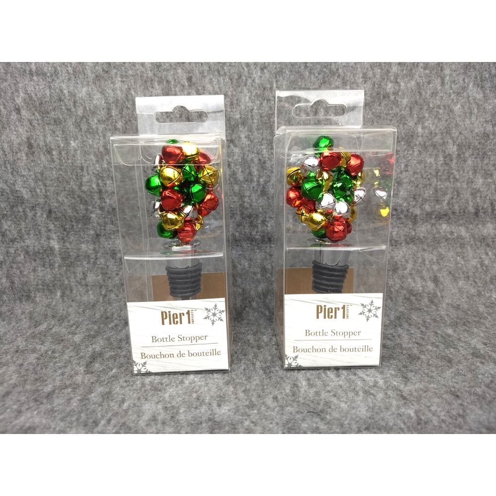 Pier 1 Imports Wine Bottle Stopper Christmas Jingle Bells NEW IN BOX Set of 2